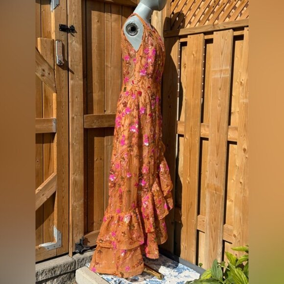 🆕 BRONX & BANCO🧿 NWOT Sicilia Coral Sequin Fluted Hem Maxi Dress, Sz L US 8 - Picture 9 of 14